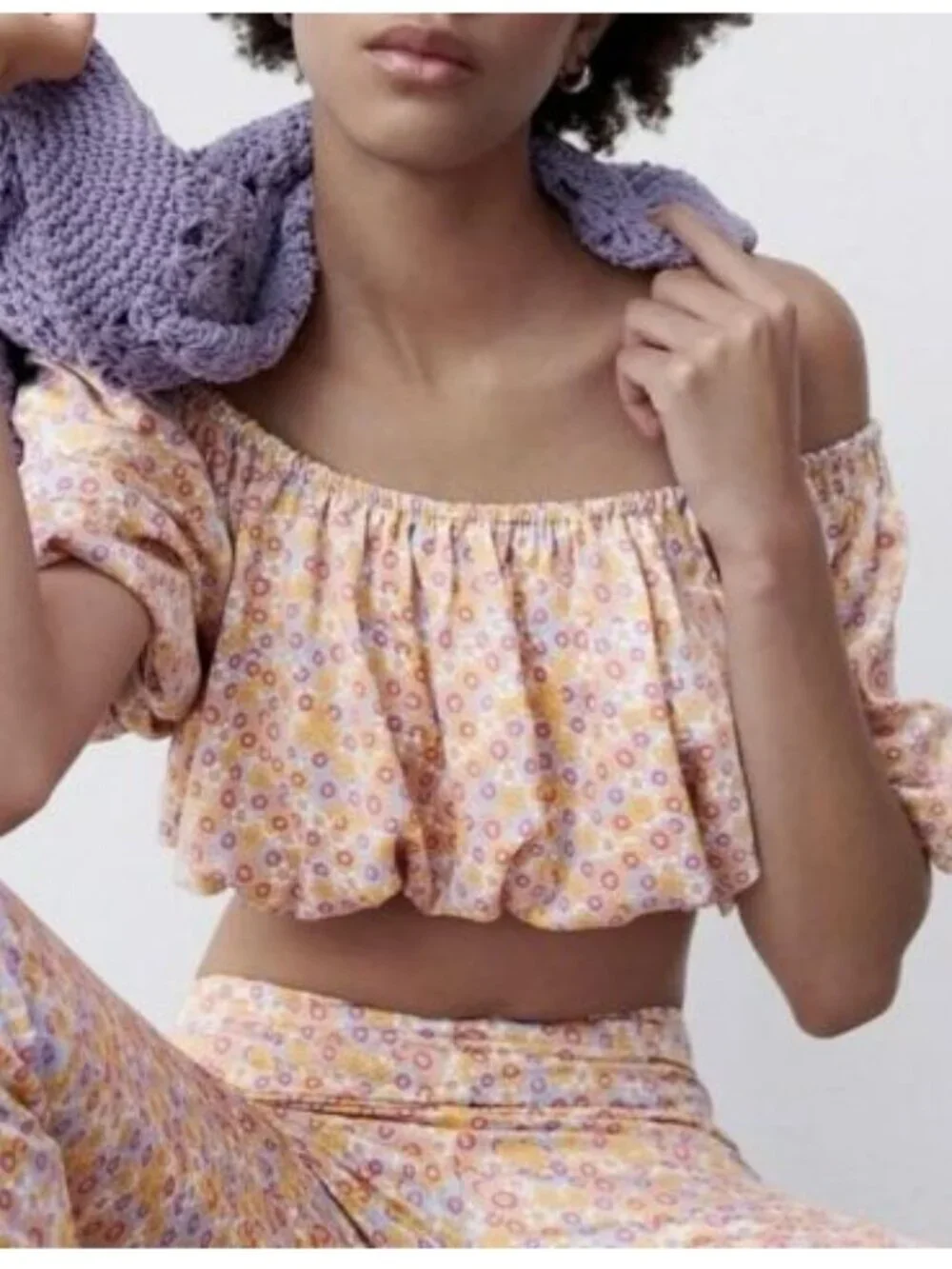 Zara Printed Satin Effect Floral Puff Sleeve Off Shoulder Crop Top Size Small